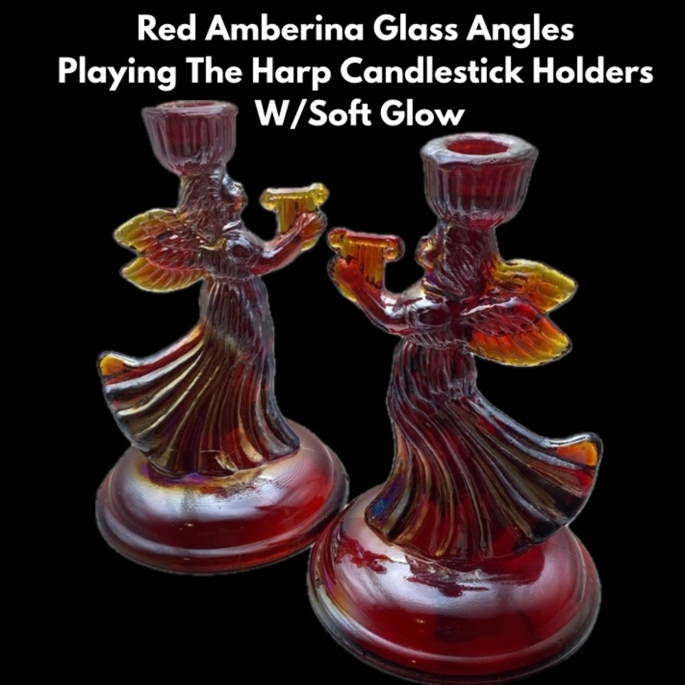 Red Amberina Glass Angles Playing The Harp Candlestick Holders W/Soft Glow